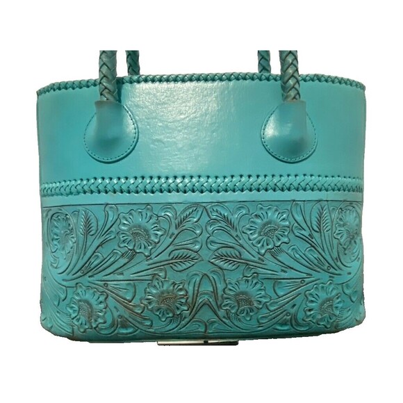 Alexandro Yeo Mexican Leather Tooled Embossed Turquoise Tote Braided Handle - Picture 3 of 16